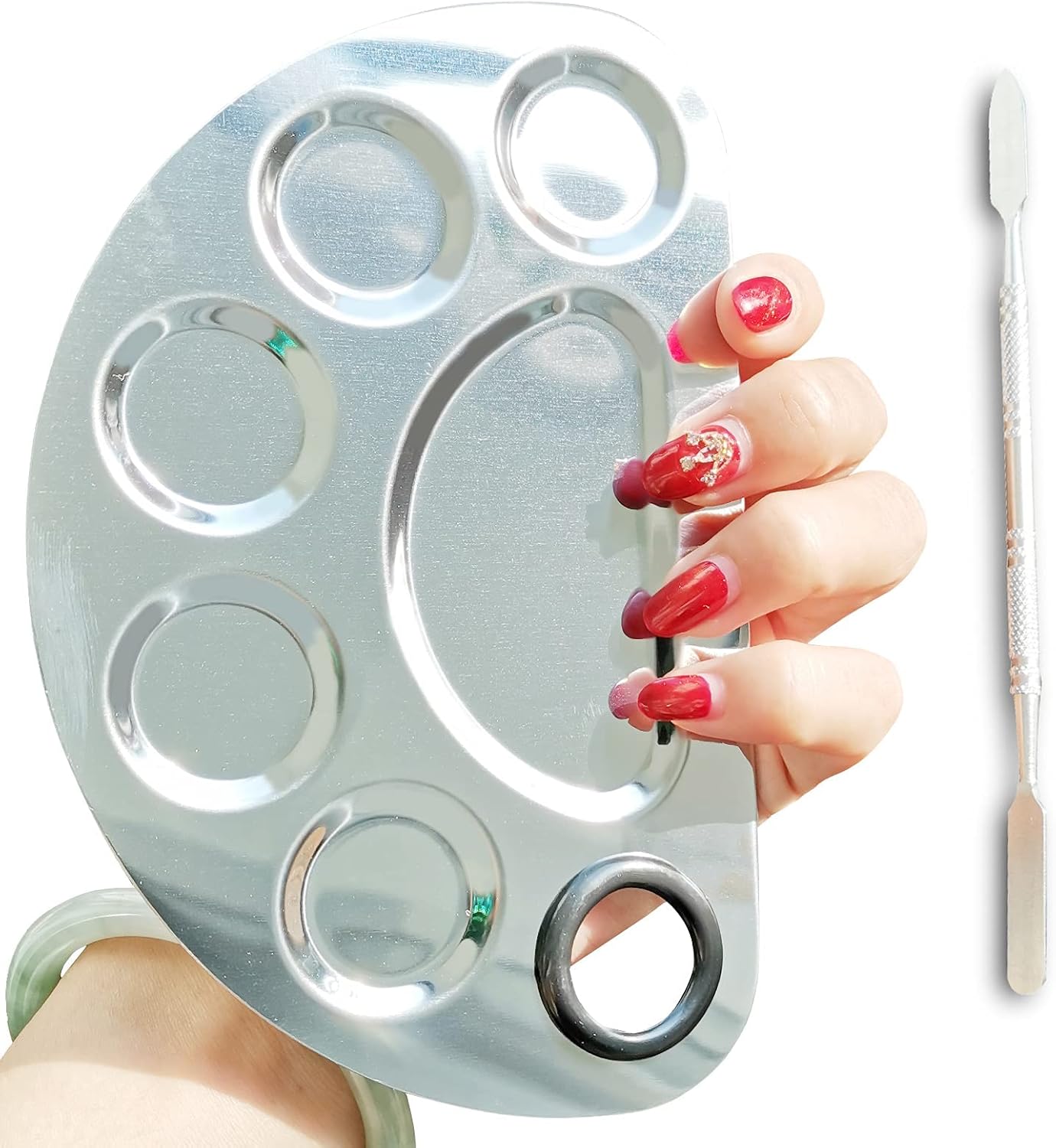 Makeup Palette Stainless Steel Cosmetic Palette 6-well with Spatula Tool for Nail Art Eye Shadow Mixing Foundation Painting Artist Mini Mixing Metal Palette Silver 4.9x3.3inch