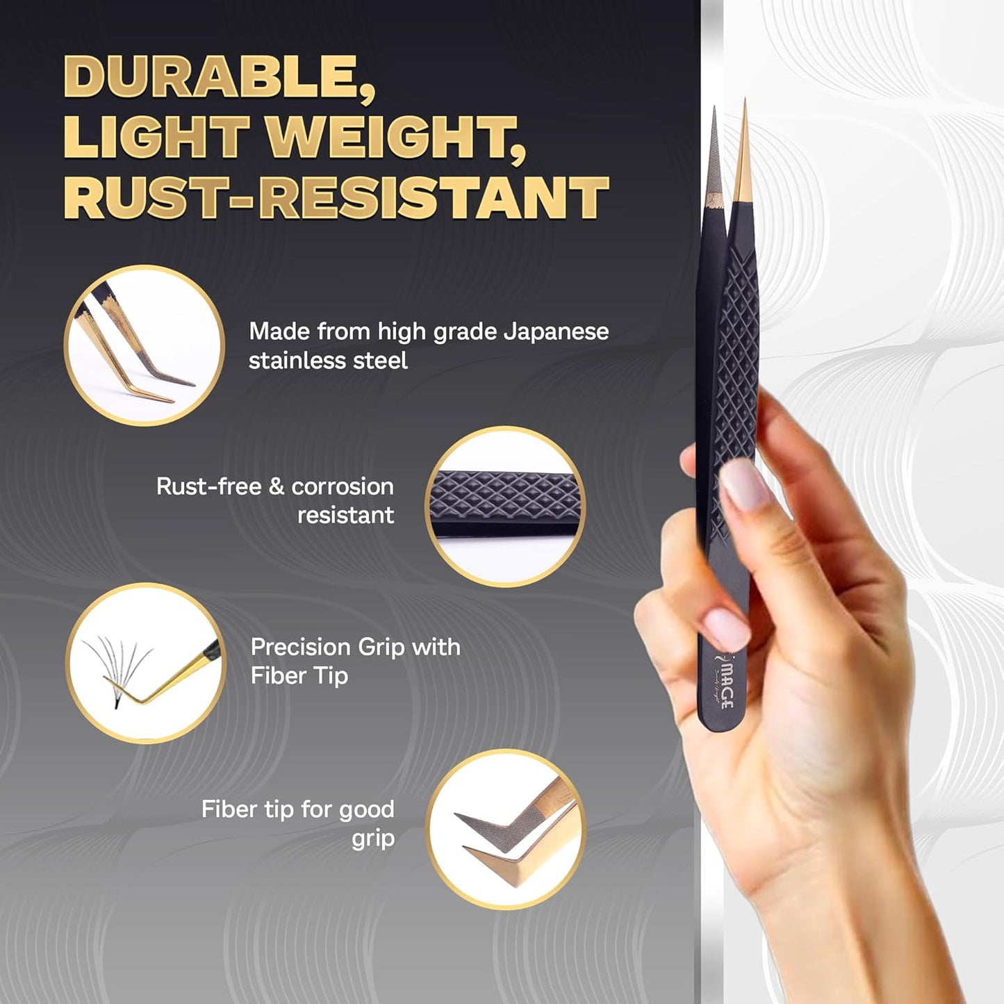 5 Pcs Fiber-Tip Japanese Steel Lash Tweezer Set with Leather Case, Professional Eyelash Tweezers for Lash Extensions – Titanium Coated, 90 & 45 Angled, Precision Pointed Tweezers (MATT BLACK)