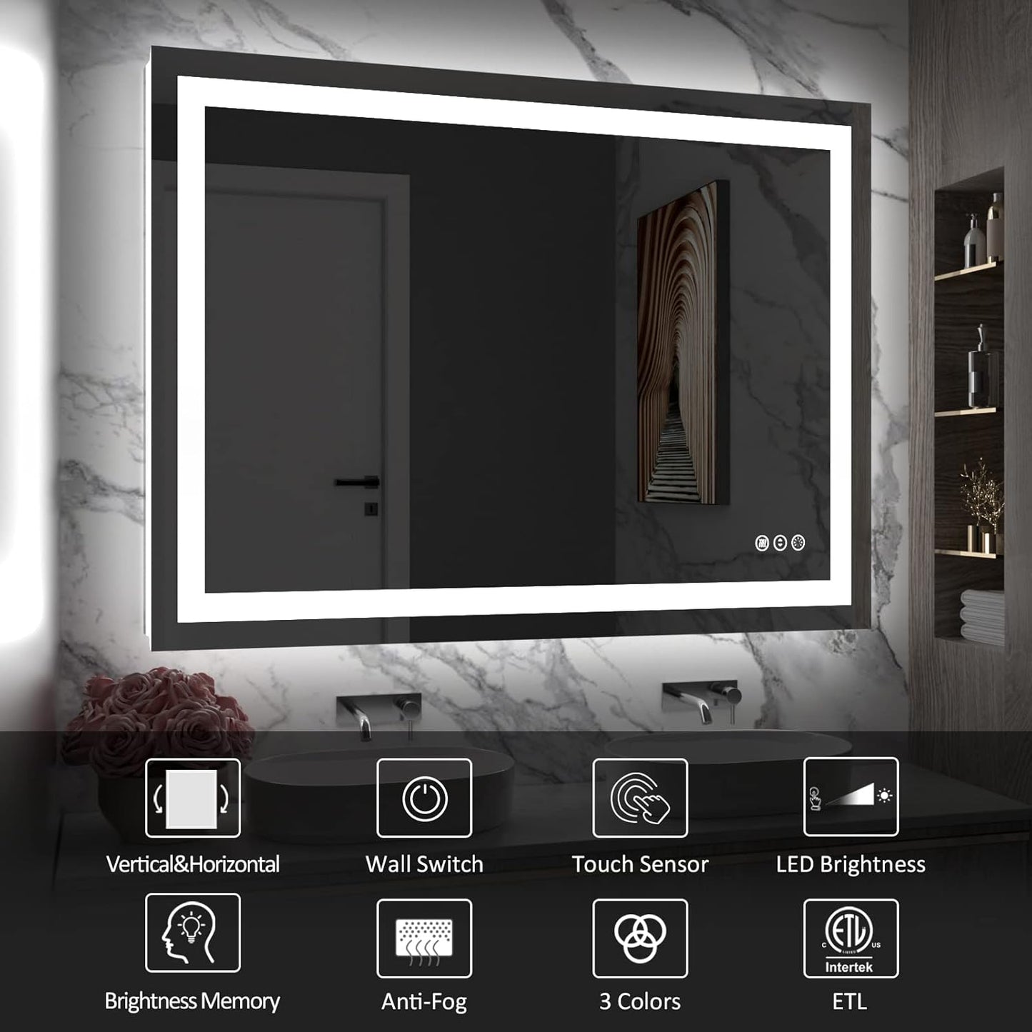 Amorho LED Bathroom Mirror 40'' X30'' with Front Light and Backlit, Stepless Dimmable Wall Mirrors with Anti-Fog, Shatter-Proof, Memory, 3 Colors, Double LED Vanity Mirror (Horizontal/Vertical)