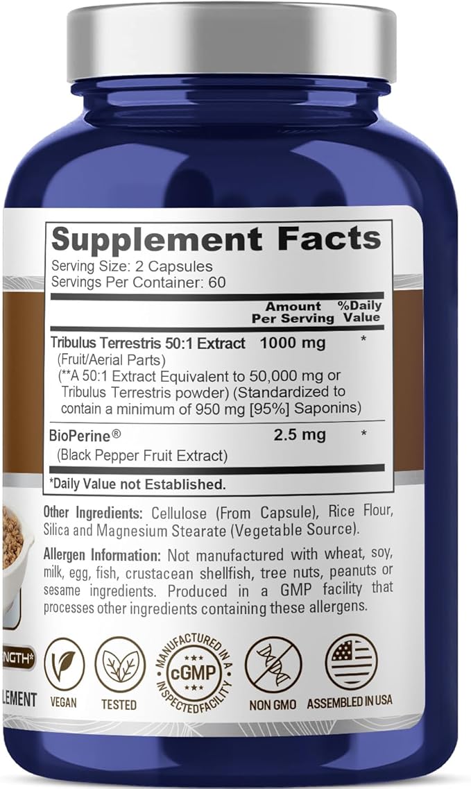 NusaPure Tribulus Terrestris 50000mg | 120 Veggie Caps | 95% Steroidal Saponins | Non-GMO, Bioperine