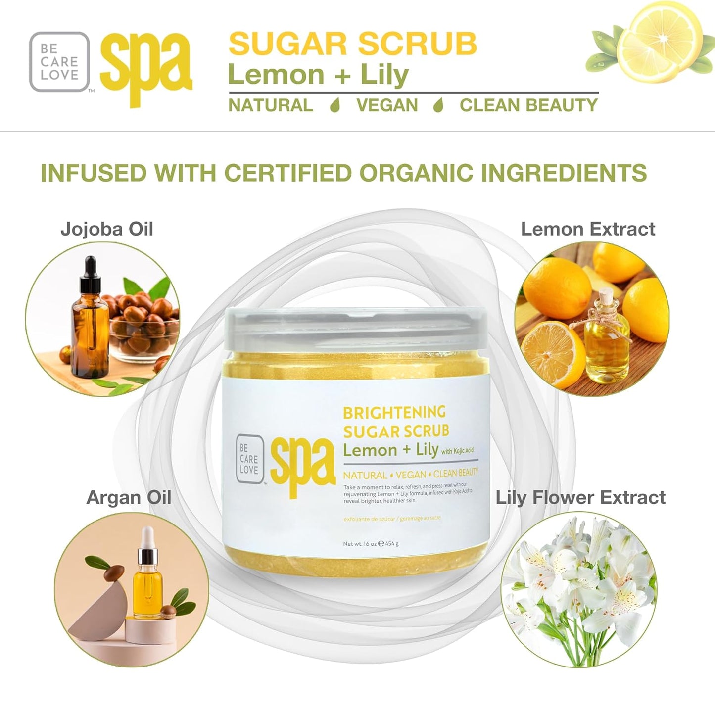 BCL SPA Sugar Scrub for Deep Hydration & Exfoliation with Certified Organic Ingredients for Professional and Home Use (16 oz, Lemon and Lily)