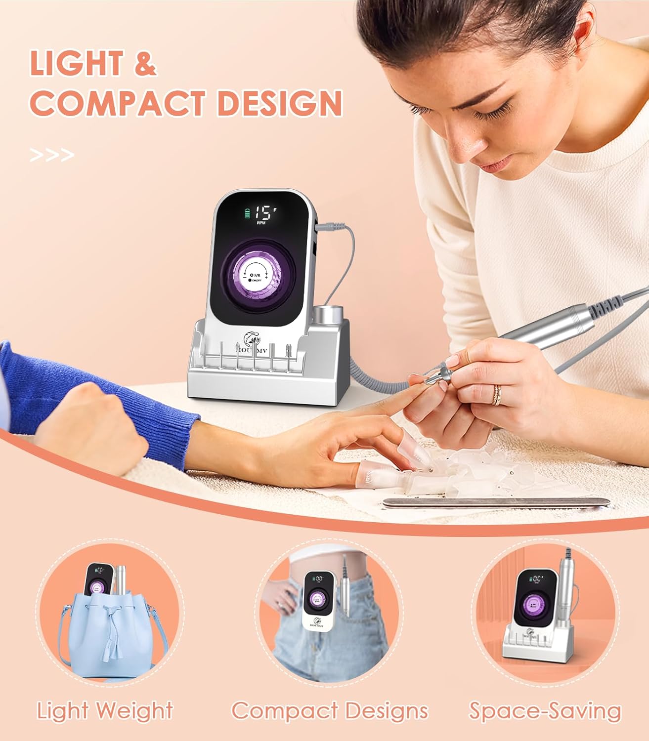 Portable Electric Nail Drill Machine: 40000RPM Professional E-File, Rechargeable Cordless with Bits & Base for Acrylic Remove Gel Polish Manicure Salon Home, Silver