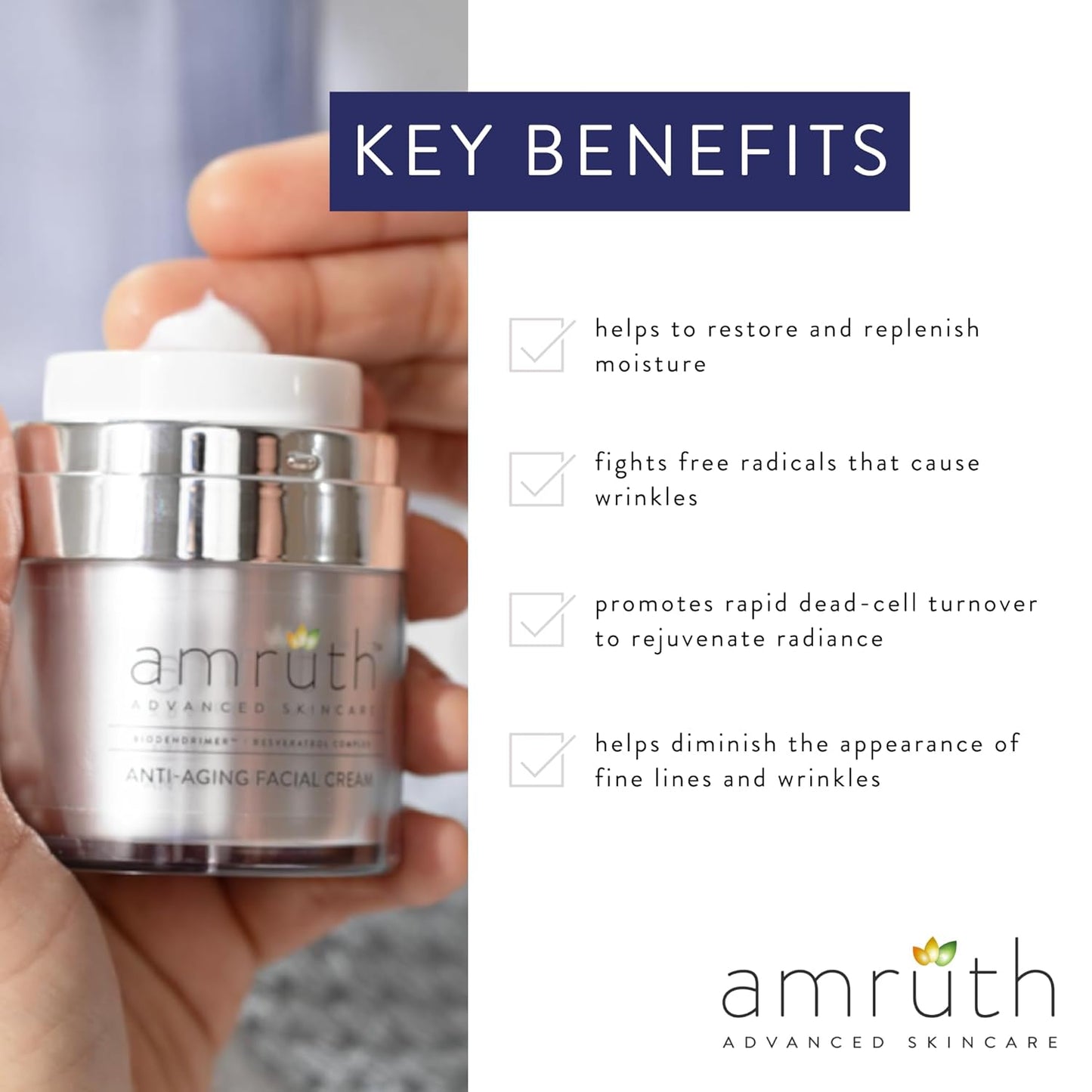 Amruth Resveratrol Daily Anti-Aging Facial Cream, 1oz Jar with Pump, Lightweight, Firms and Nourishes Skin, Smooths Appearance of Fine Lines and Wrinkles