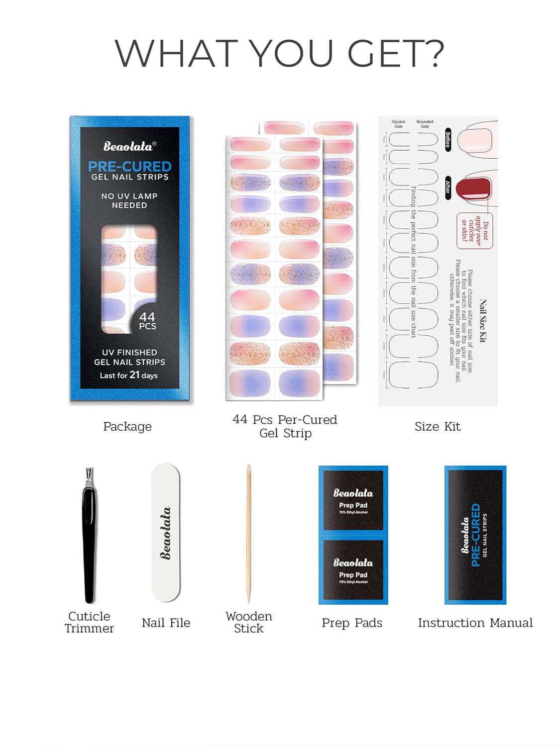 Pre Cured Gel Nail Strips - 44PCS Salon Quality Gel Nail Stickers - Long Lasting Polish Wraps for Women no UV Light Needed Easy Apply& Remove (Blush Blue）