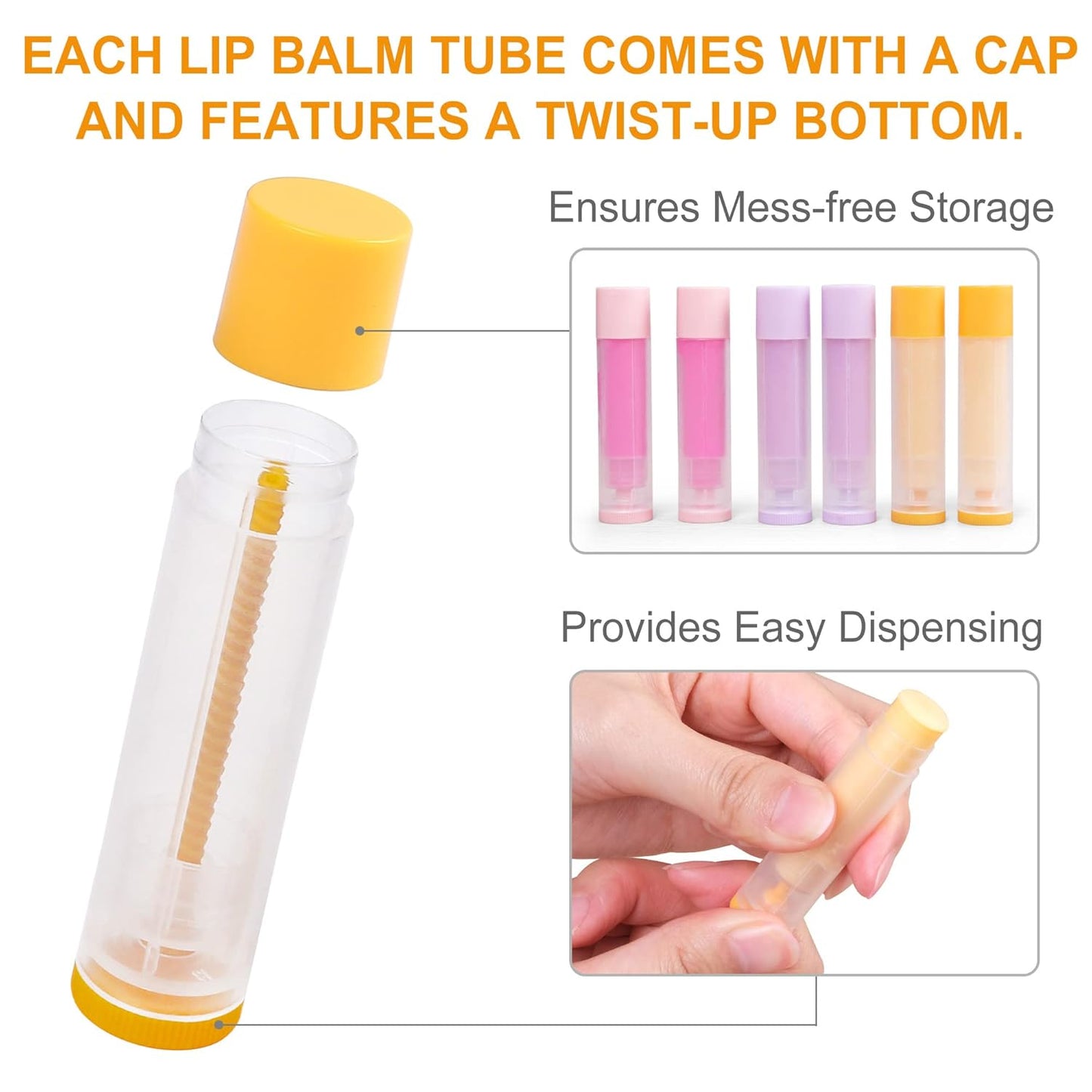 LotFancy Lip Balm Tubes Empty, 60PCS 5.5ml (3/16 Oz), Clear Lip Balm Container Tubes with Yellow Caps, BPA Free & Leak Free, Refillable