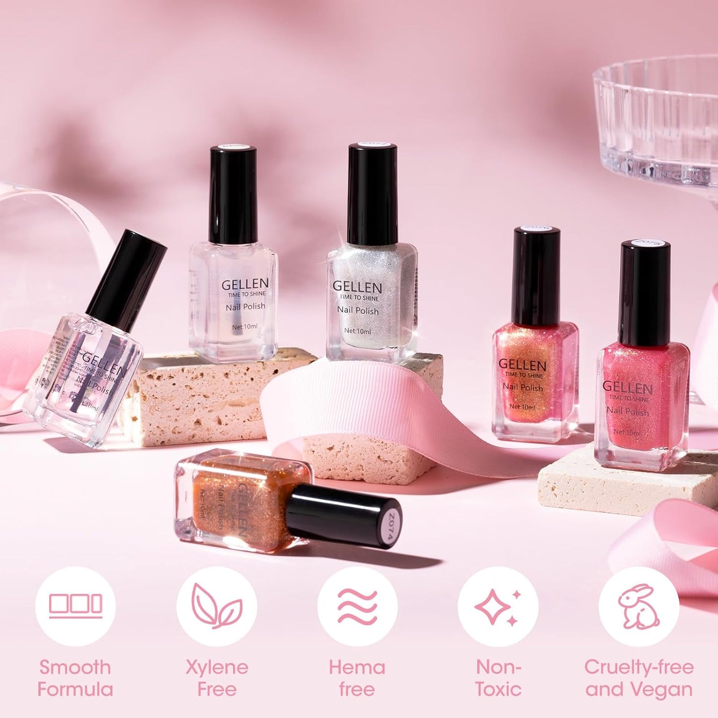 GELLEN Sheer Shimmer Pink Nail Polish & Clear Base Top Coat Nail Polish, Light Pink Shimmer Nail Polishes Summer Spring Translucent 6pcs Set, Quick Dry Regular Nail Polishes Non UV Gel, Hema Free
