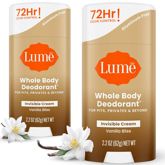 Lume Whole Body Deodorant - Invisible Cream Stick - 72 Hour Odor Control - Doctor Developed - Aluminum Free, Baking Soda Free and Skin Loving - 2.2 Ounce (Pack of 2) (Vanilla Bliss)