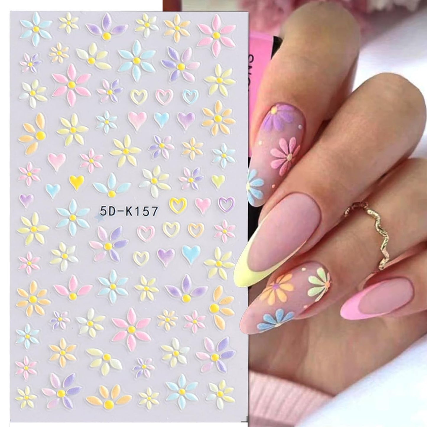 Flower Nail Art Stickers Decals 5D Embossed Nail Decals 6 Sheets Spring Summer Self-Adhesive Nails Design Accessories 3D Flowers Stickers for Women Nails Decoration