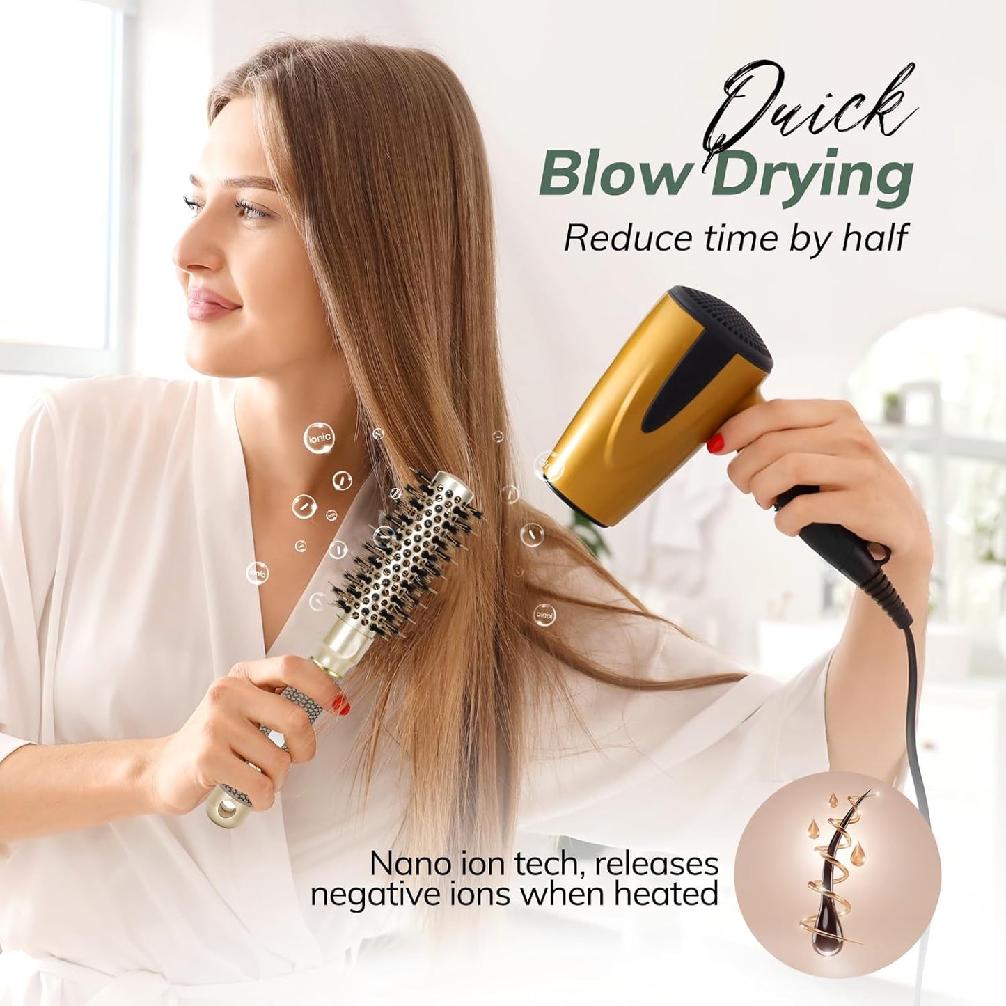 Round Brush for Blow Drying, Nano Thermal Ceramic & Ionic Tech Hair Brush with Boar Bristles, Professional Round Barrel Brush for Styling,Curling and Straightening by Sndyi (2 Inch, Barrel 1 Inch)