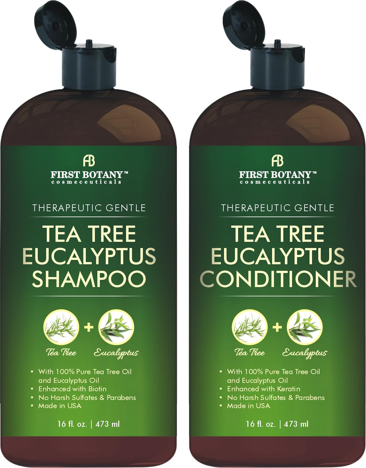 Tea Tree & Eucalyptus Shampoo and Conditioner Set – Clarifying & Scalp Care Formula with Activated Charcoal, Biotin & Keratin – Sulfate-Free, Made in USA - 16 fl oz x 2