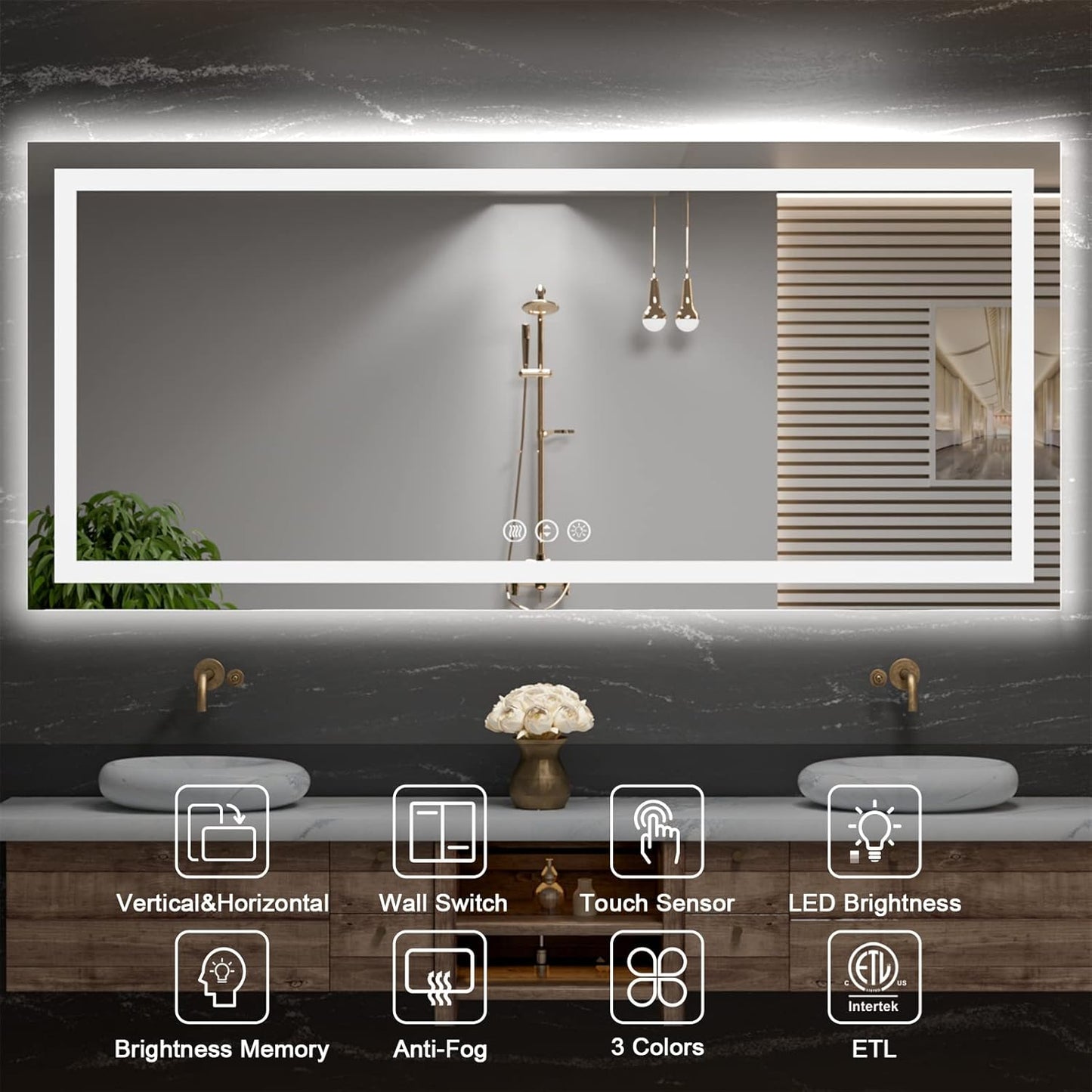 Amorho 84" X40" LED Mirror for Bathroom with Front and Backlight, Large Dimmable Wall Mirrors with Anti-Fog, Shatter-Proof, Memory, 3 Colors, Double LED Vanity Mirror