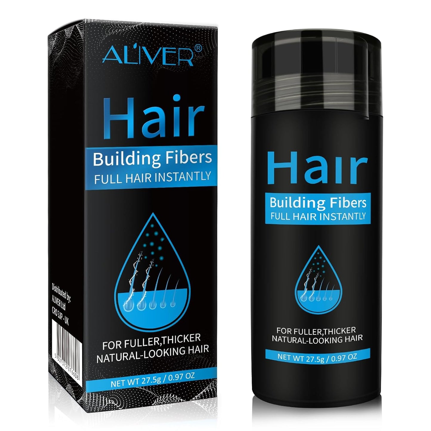 Aliver Hair Fibers for Thinning Hair - Black - 27.5Gr,Undetectable Natural Formula, Thicker Fuller Hair in 15 Seconds, Conceals Hair Loss, Look Younger, for Men & Women Patchy Bald Spot,Crown