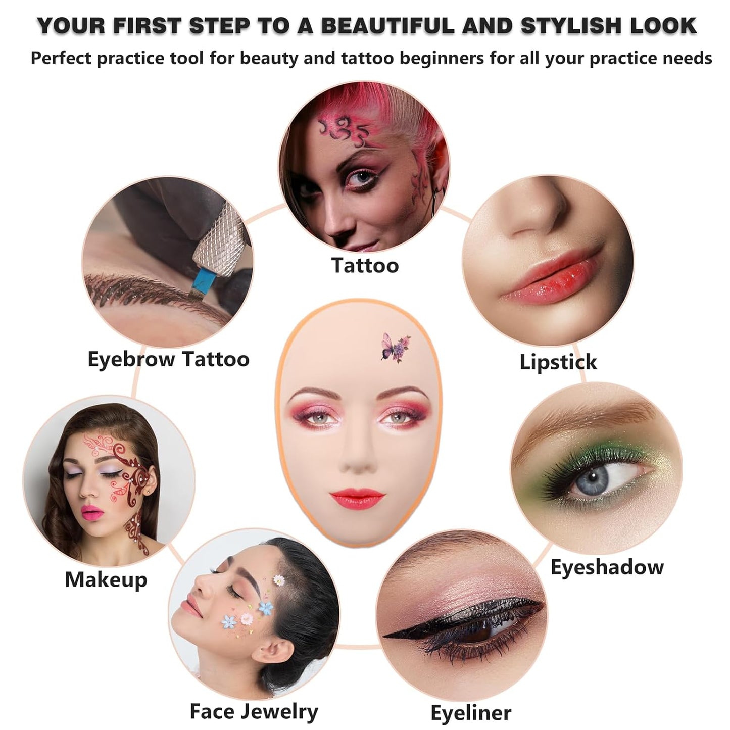 Makeup Practice Face Kit - Includes 6PCS Practice Fake Face & 5D Face Model Stand and Eye Makeup Assistance Tools, Ideal for Daily Makeup Training and Workshops