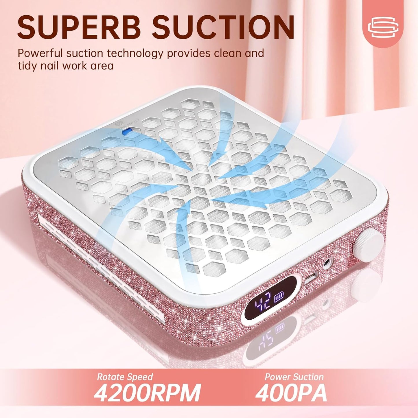 Nail Dust Collector, Rechargeable Dust Collector Nail Tech, Powerful Vacuum Fan Vent Dust Collector Extractor Dust Suction Machine for Acrylic Nails Polishing, Nail Salon&Home, Pink