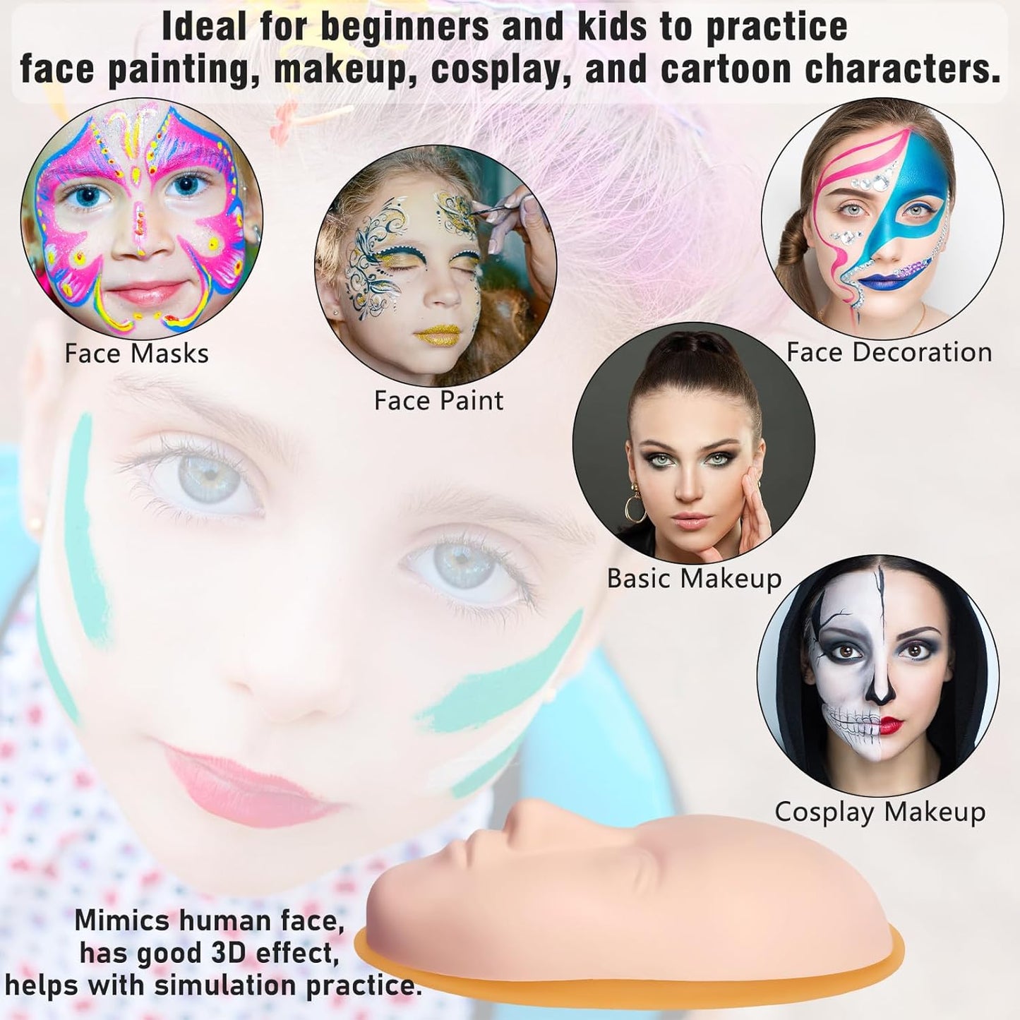 Silicone Makeup Practice Face, 8 Makeup Mannequin Face, 1 Makeup Practice Face Board for Beginner to Training or Practice Make up, Face Paint, Permanent Makeup, Tattoo, Art Creation (Set2)