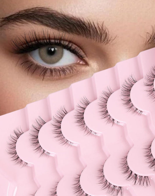 Short Lashes Natural Look Wispy False Eyelashes Flared Strip Eyelash Small Lash Fluffy Clear Band 7 Pairs SF-08