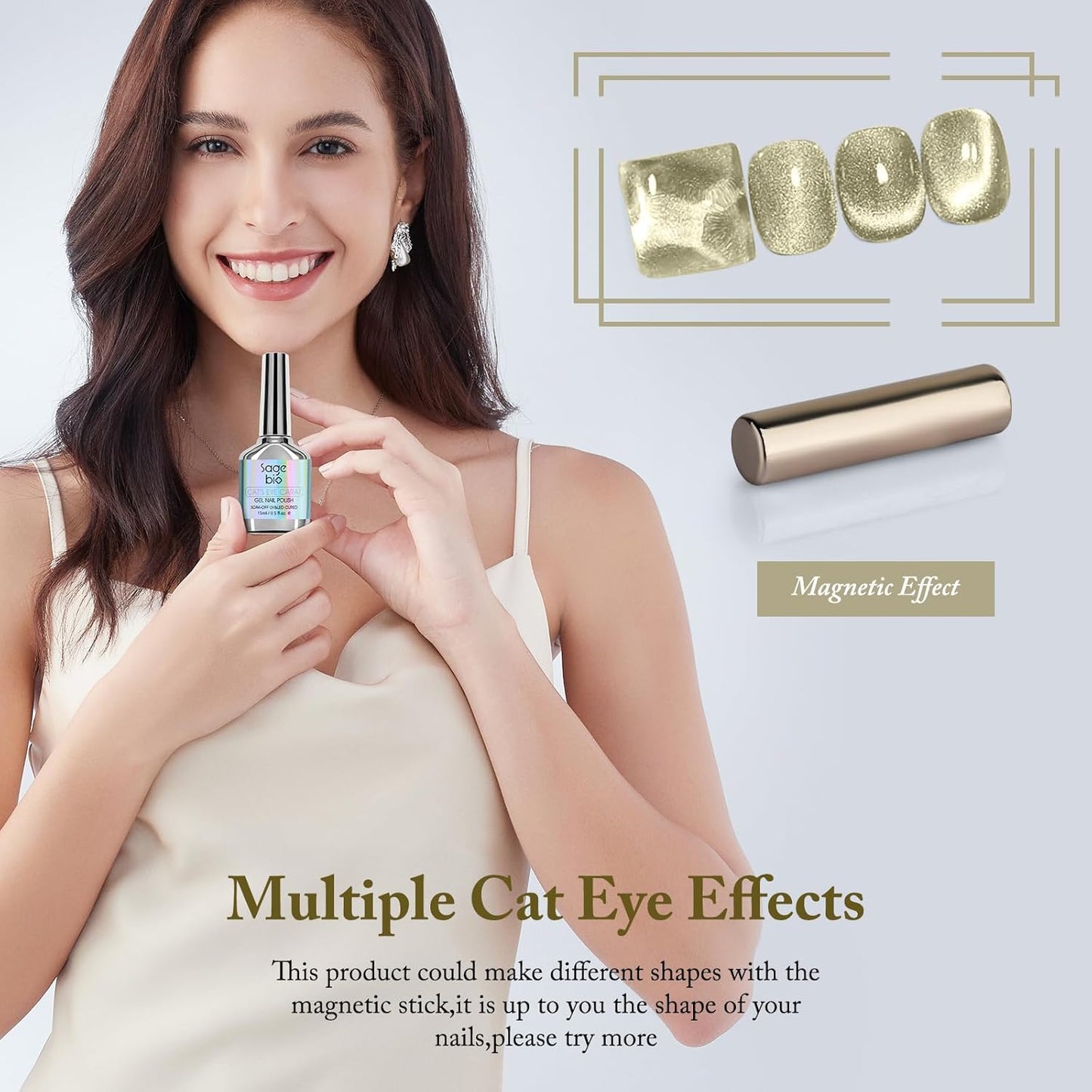 Cat Eye Gel Nail Polish with Magnet Stick, 15ml Glitter Holographic Nail Polish, Magnetic Effect Gel for Home DIY Manicure Gift, Brown Gold