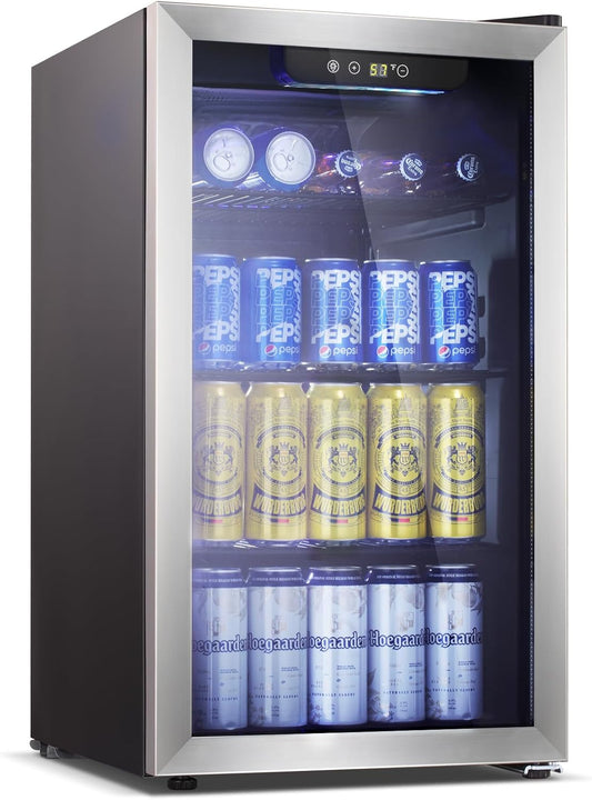 Antarctic Star Beverage Refrigerator -125 Can Mini Fridge for Soda Beer or Wine, Stainless steel door frame, for Office or Bar with Adjustable Removable Shelves, Black, 3.3 Cu.Ft