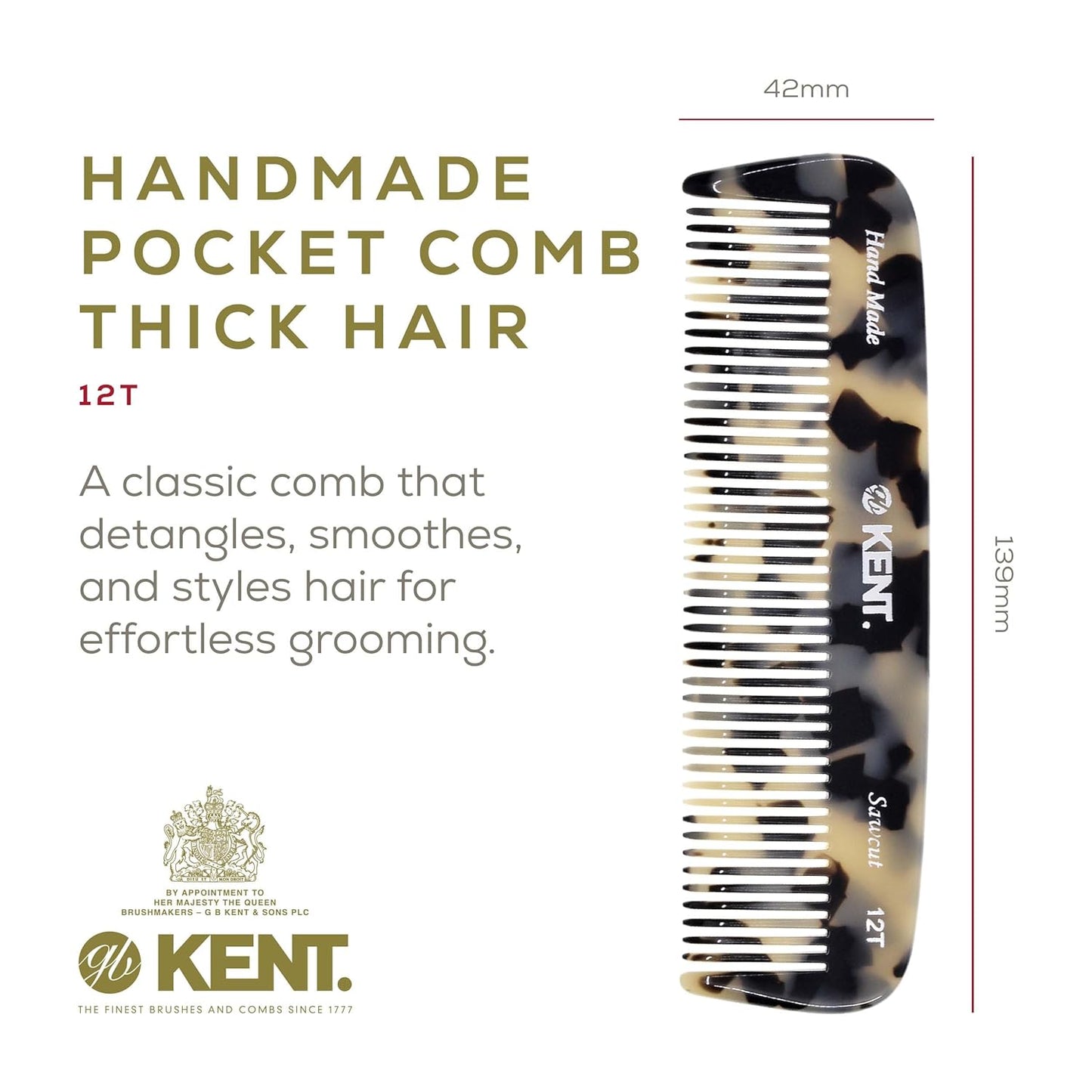 Kent 12T TW Pocket Comb - Handmade Wide Tooth Hair Comb for Men, Women, and Kids - Travel, Beard, and Mustache Comb - Saw Cut and Hand Polished Made in England
