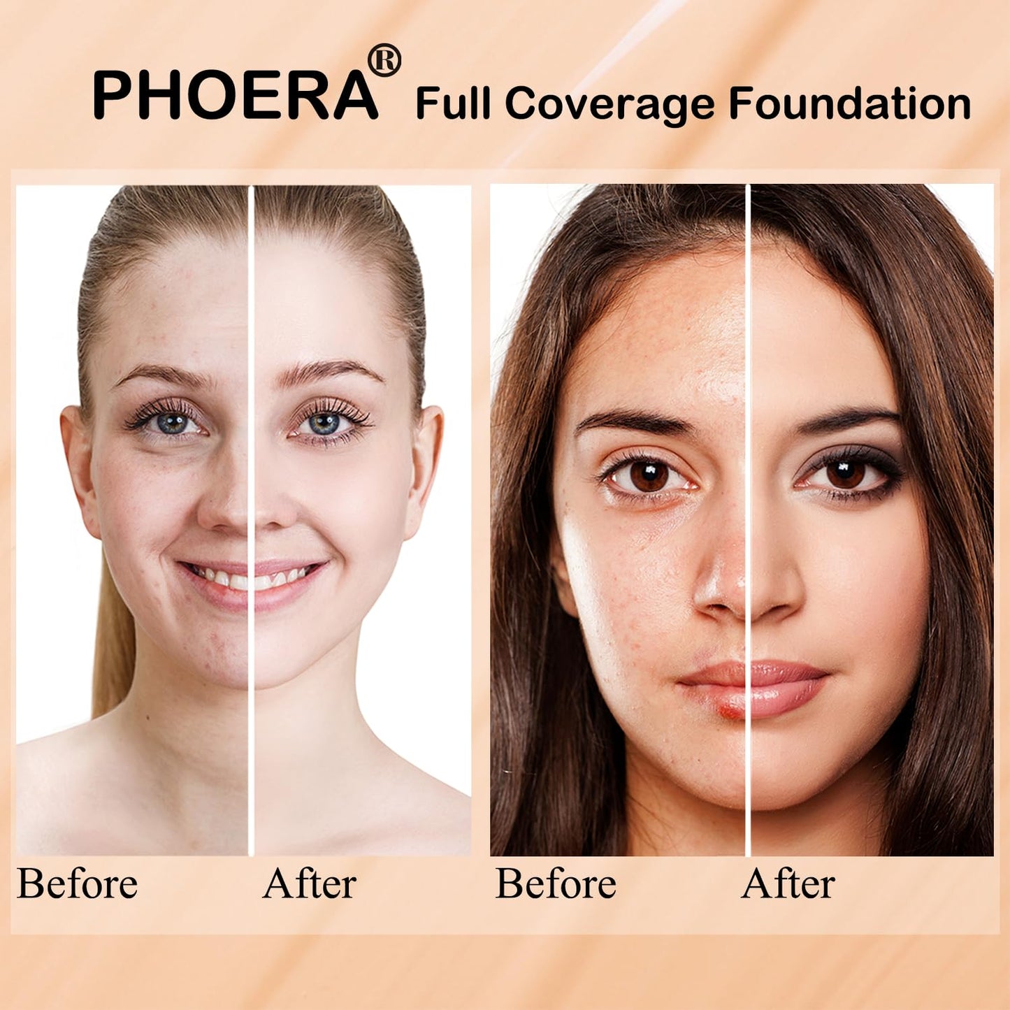 PHOERA Foundation, PHOERA Matte Liquid Foundation,PHOERA Makeup for Women, PHOERA Foundation Full Coverage Concealer, 30ml 24HR Matte Oil Control Concealer (102+103/ Nude+ Warm peach)