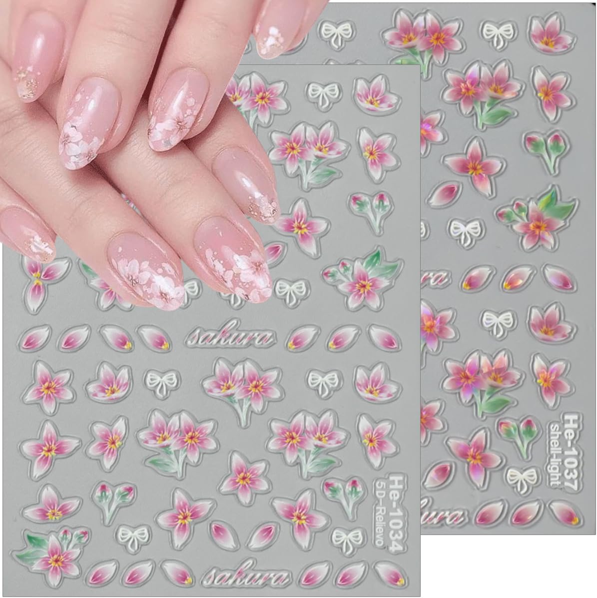 Flower Nail Art Stickers Decals Spring Relief Lily Floral Nail Decals Pink White Blue Self-Adhesive Design Flowers Nails Stickers 5D Embossed Nail Art Supplies for Women Girls Summer Nail Decorations