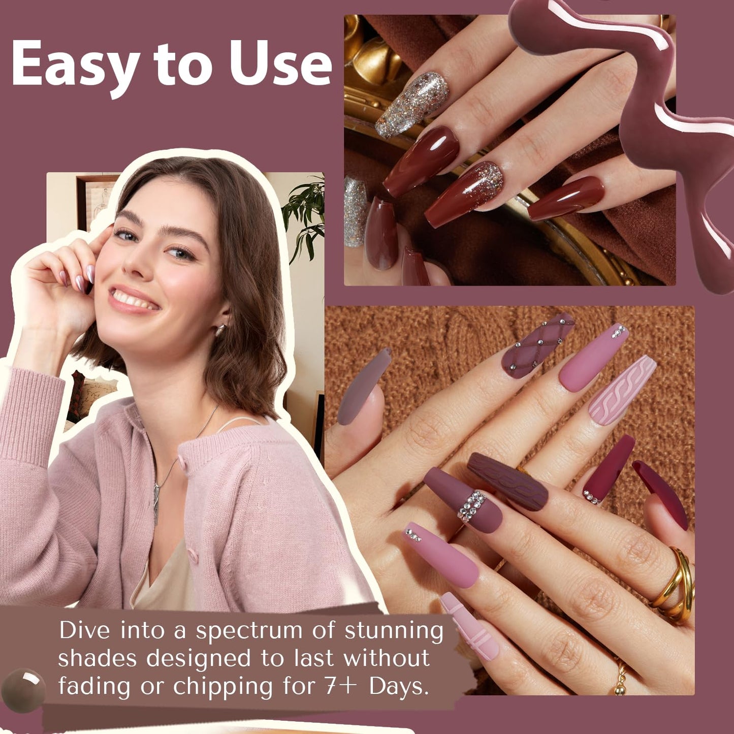 AZUREBEAUTY Nail Polish Set, 4 Colors Rose Red Purple Glitter Quick Dry Natural Nail Lacquer Strengthening Treatment Kit with Top Coat DIY Salon at Home