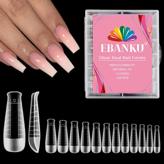 EBANKU 120Pcs Poly Gel Nail Forms, T-Shape Matte Dual Forms Clear Nail Tips Mold for Builder Gel Square Nail Extension Manicure Tools Salon-12 Sizes