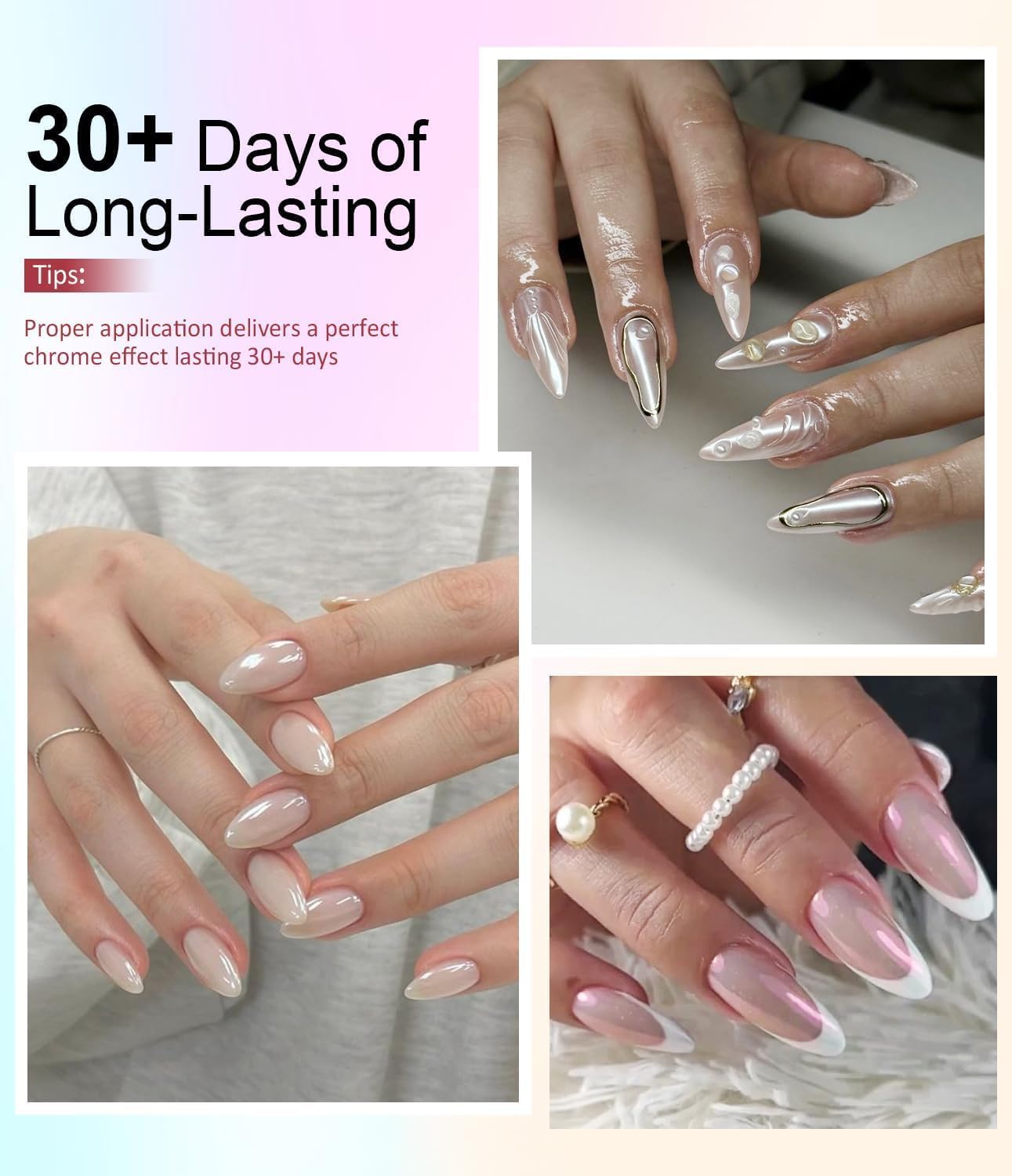 3D Gel Nail Art Design BISHENGYF - 15g Clear No Wipe Nail Polish Rhinestone Nail Art Glue with White Silver Chrome Powder Metallic Mermaid Effect Nail Powder for Nail DIY