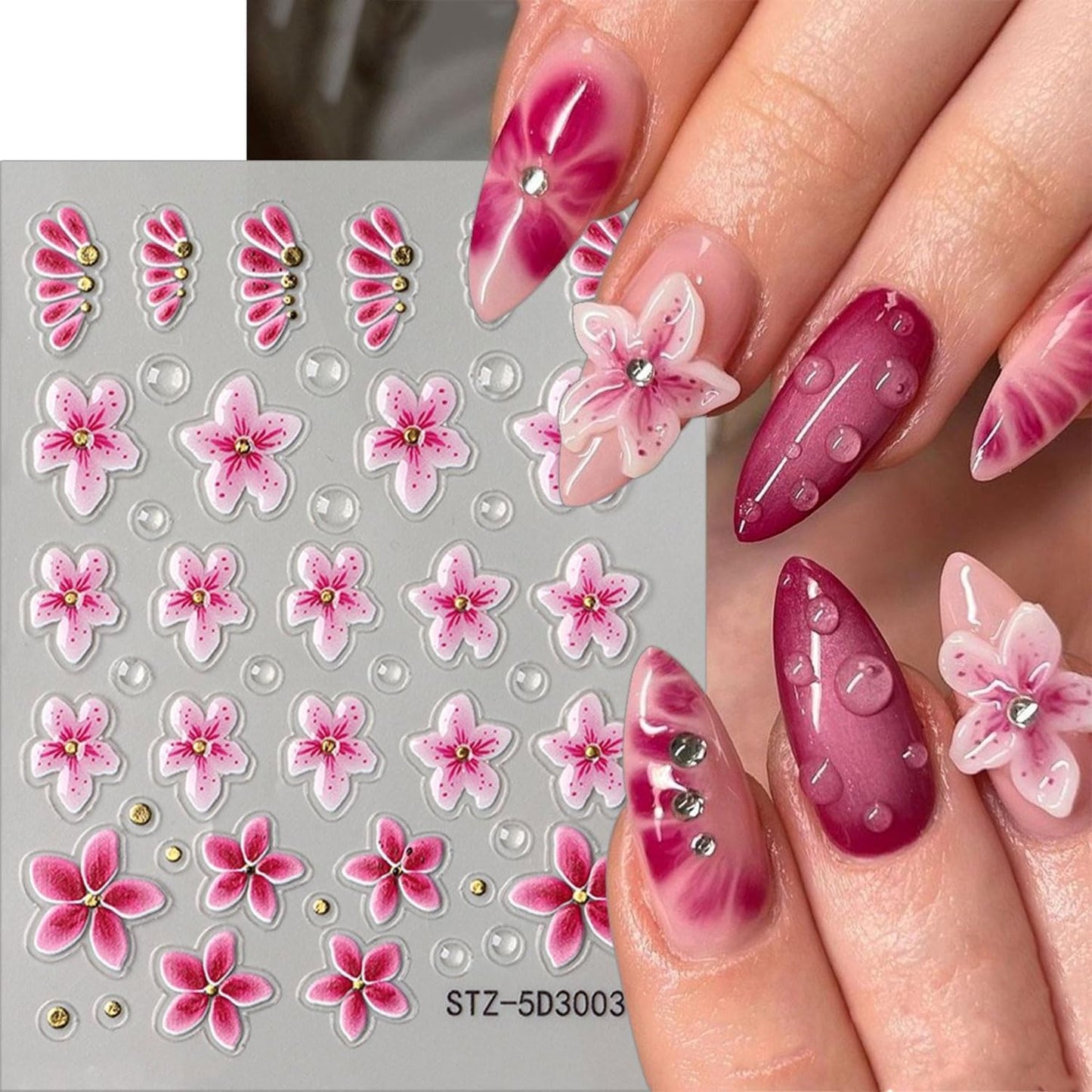 4 Sheets Flower Nail Stickers for Nail Art 5D Self Adhesive Spring Nail Art Stickers White Pink Flower Nail Decals Spring Nail Supplies Design for DIY Acrylic Nails for Women Girls