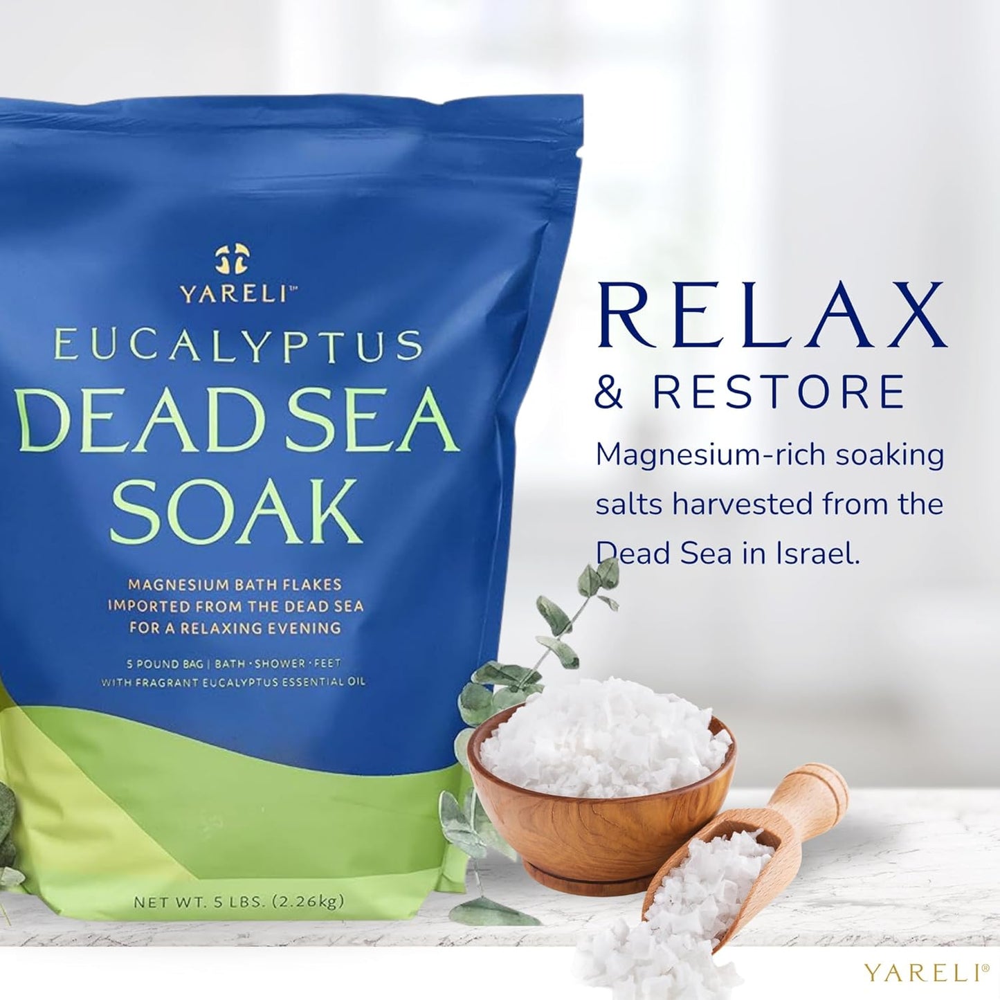 Magnesium Flakes, 5lb Eucalyptus, Dead Sea Bath and Foot Soak, Alternative to Epsom Salt with Over 250,000mg of Magnesium Chloride Per Bag