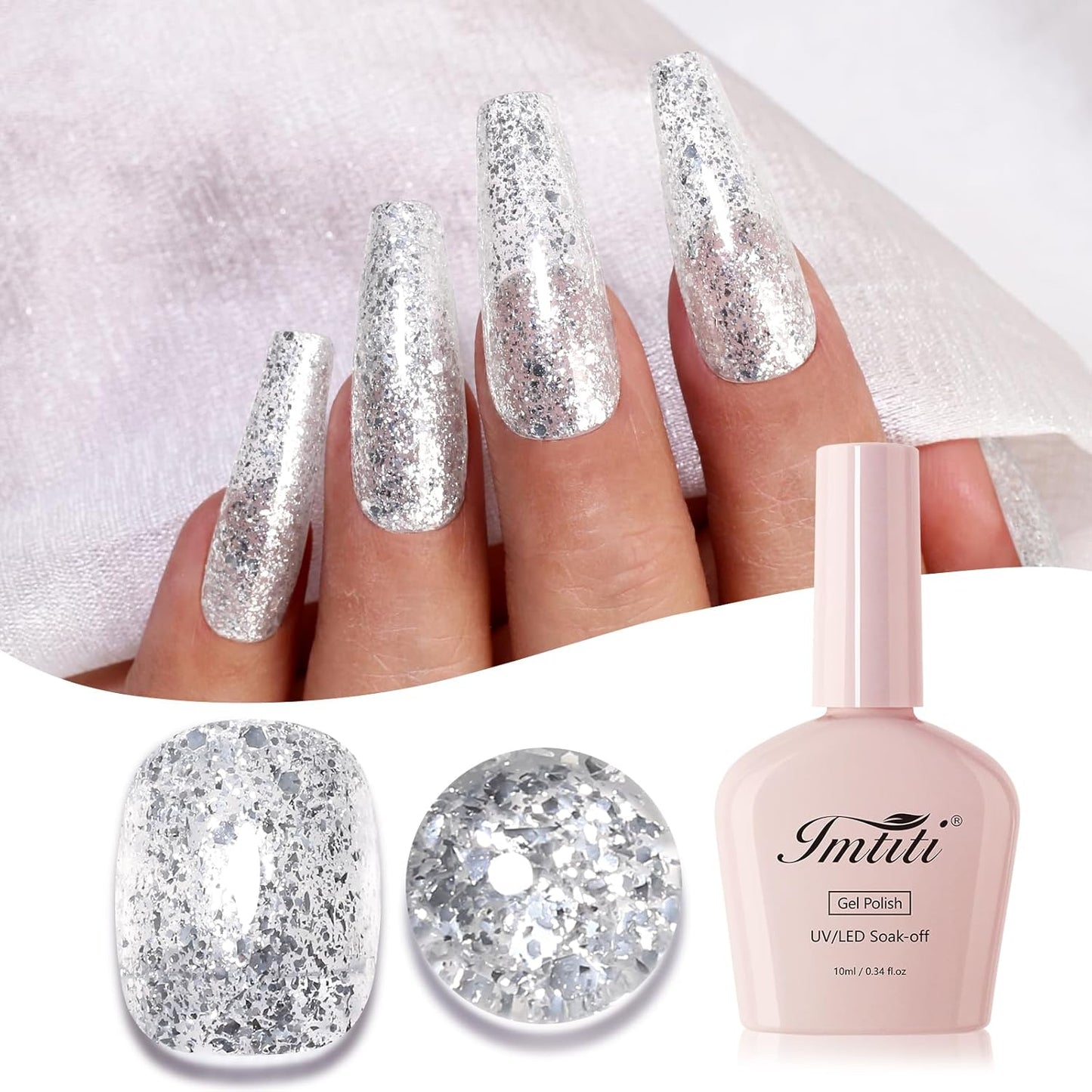 Imtiti Glitter Gel Nail Polish, Silver Glitter Gel Polish Diamond Shimmer Sparkle Soak Off UV LED Autumn Winter Manicure 10ML