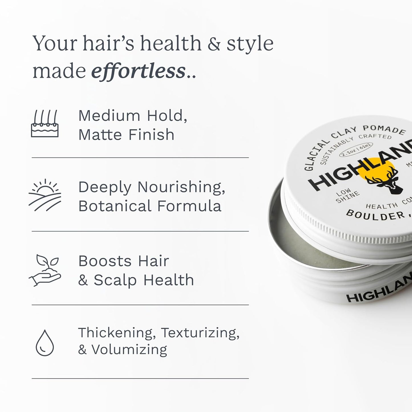 Highland Glacial Hair Clay Pomade - Award winning hair styling clay for men and women made with 100% all natural and organic ingredients that promote hair and scalp health. Low shine, Medium Hold.