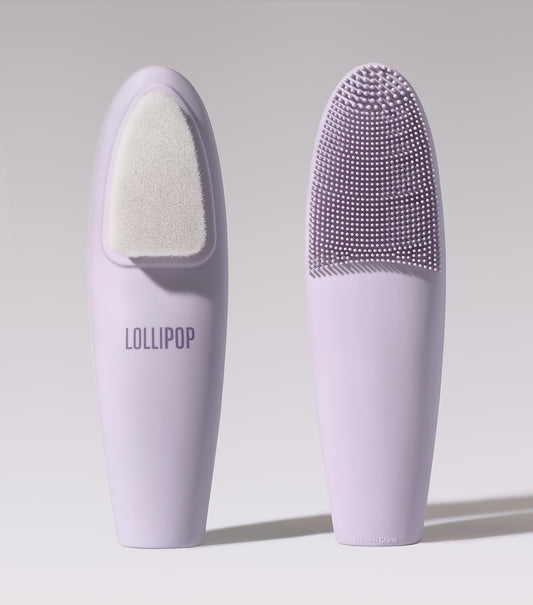 LOLLIPOP Dual-Sided Facial Cleansing Brush | Handle Size Silicone Face Exfoliator and Soft Fiber Cleanser | Manual Face Scrubber for Pores, Makeup Removal, Blackhead and Skincare Routine, Plum