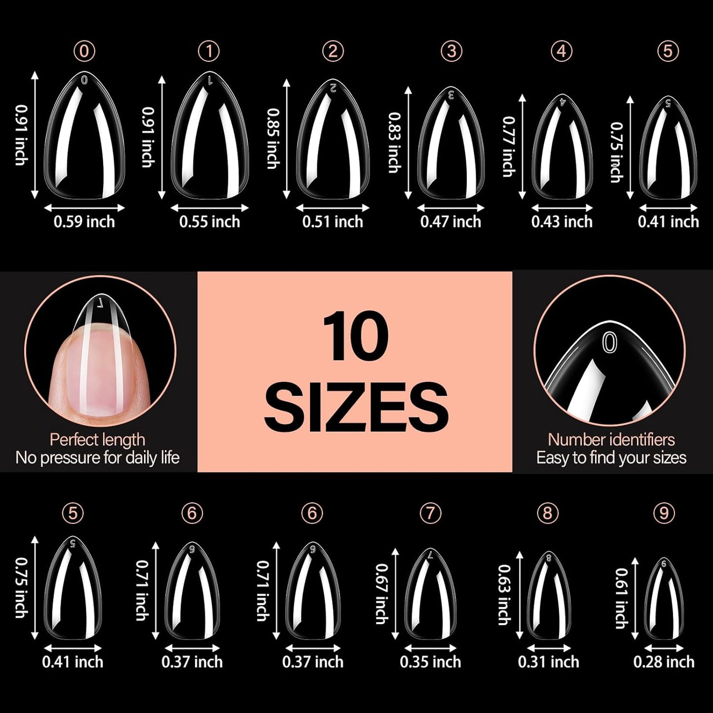 AILLSA Short Almond Nail Tips 504PCS Clear Full Cover Soft Nail Tips Gel Fake Nails Tips Preshaped Press on False Gelly Tips for Nail Extension DIY Home Salon Gift, 10 Sizes