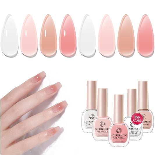 AZUREBEAUTY Nail Polish Set, 4 Colors Nude Pink Jelly Transparent Clear Milk White Quick Dry Natural Nail Lacquer Strengthening Treatment Kit with Top Coat DIY Salon at Home