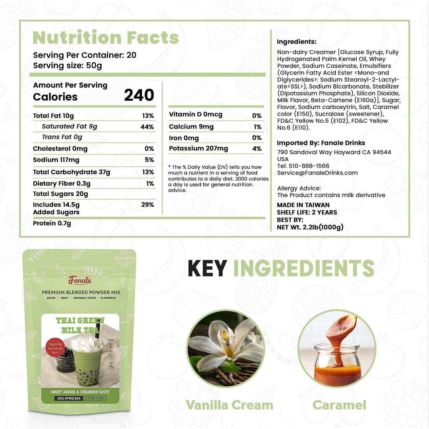 Fanale Premium Thai Green Bubble Tea Flavoring Powder for Boba Tea| Perfect for Baking, Smoothies, Desserts and Drinks | Instant Boba Bubble Tea Powder for Milk Tea - 2.2 Pounds (Pack of 20)