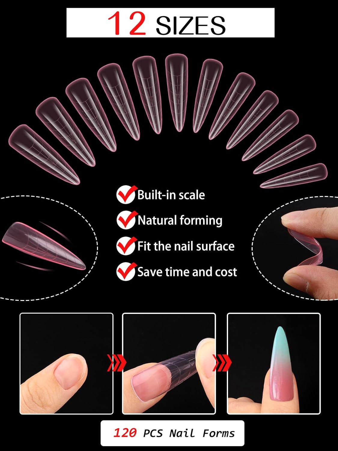 EBANKU Stiletto Dual Nail Forms for Poly Extension Gel, 120 PCS Pink Nail Molds Reusable Nail Extension Forms for Builder Gel Manicure Design Salon DIY-12 Sizes