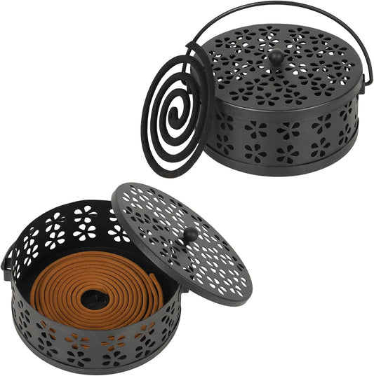 Portable Iron Mosquito Coil Holder with Handle Round Heat-Resistant Incense Holder (2 Pack Black)