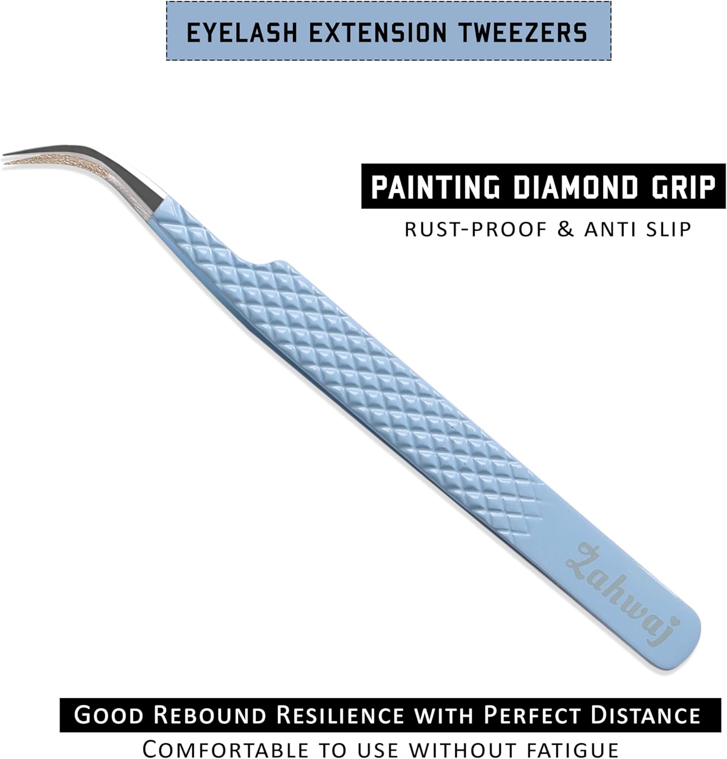 Lash Tweezers - Set of 5 Diamond Grip Eyelash Tweezers - Stainless Steel Professional Fiber Tip Lash Tweezer for Eyelash Extensions (Blue)