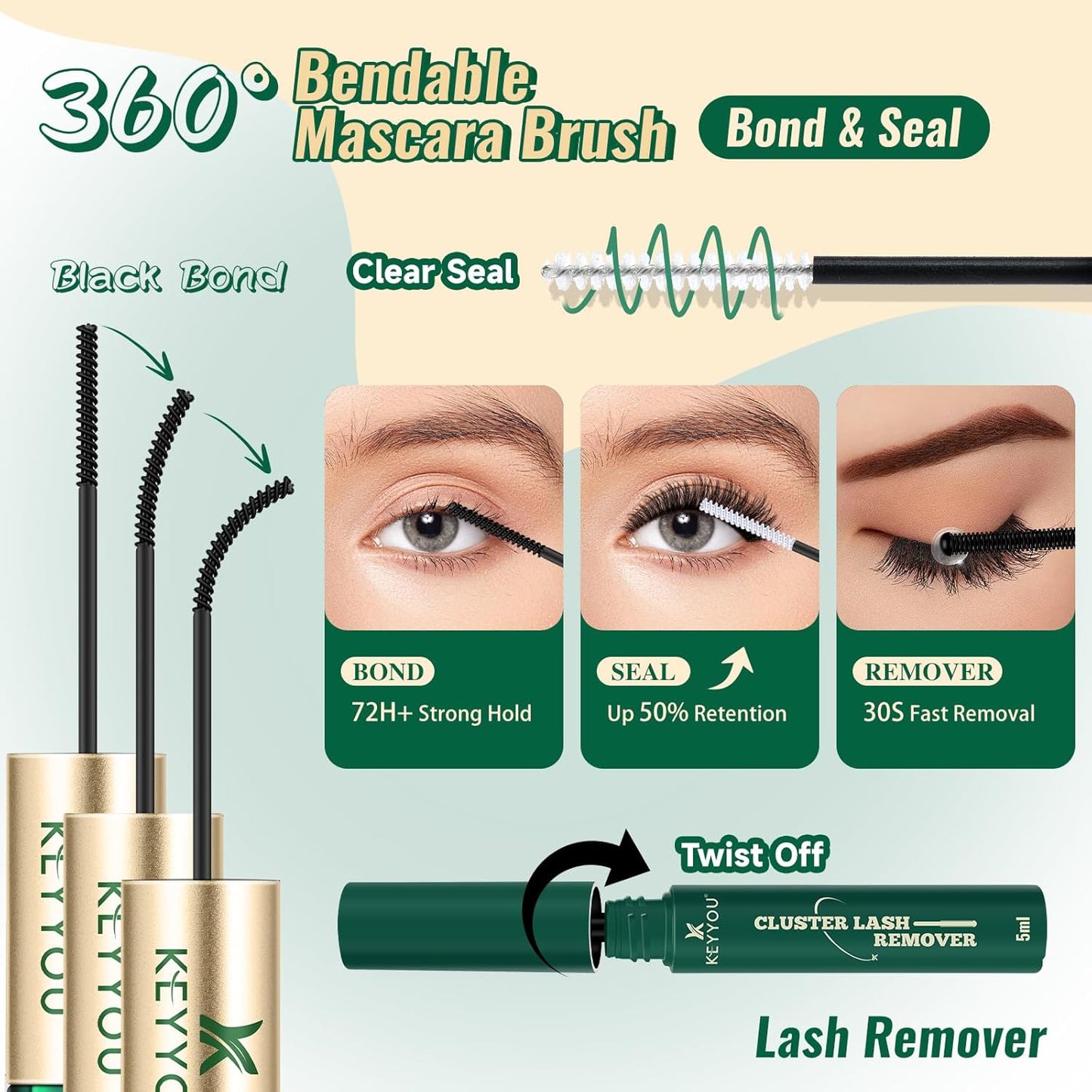 KEYYOU Lash Extension Kit 144pcs Thick Super Soft Lash Clusters,10-18mm D Curl Individual Lashes Kit with Bond and Seal Applicator and Brush Remover Easy to DIY at Home（PC03Kit-D-10-18MIX）