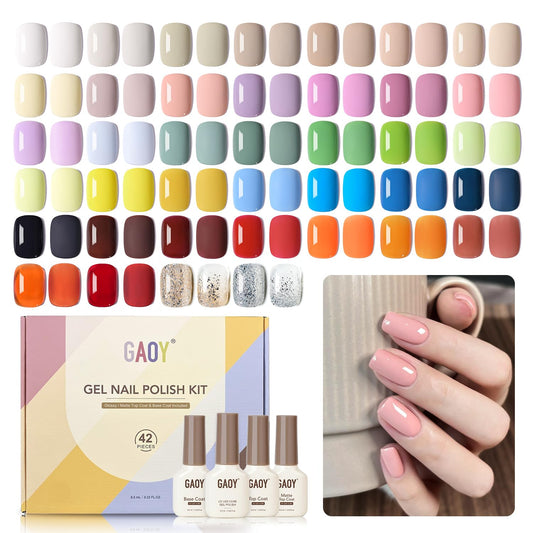 GAOY 42 Pcs Gel Nail Polish Kit, Green Blue Jelly Orange Glitter Colors All Seasons Gel Nail Polish Set with Glossy & Matte Top Coat and Base Coat for Salon and DIY Manicure at Home