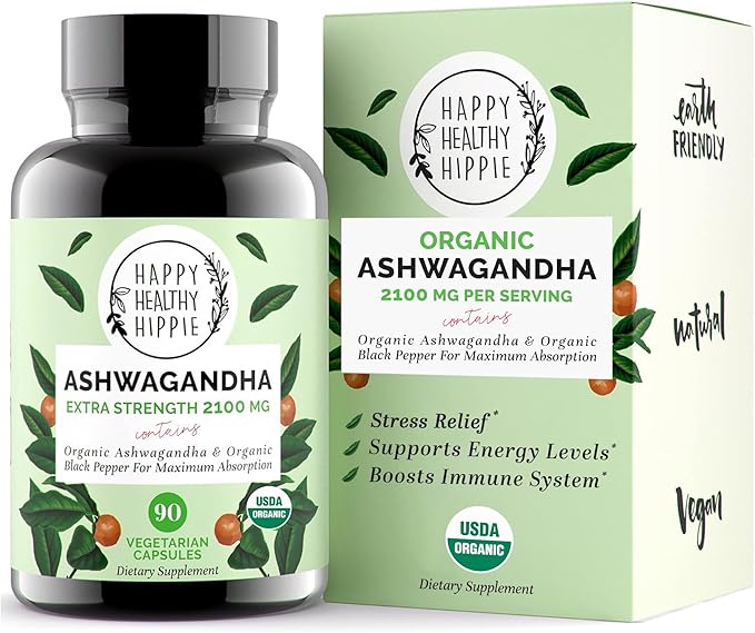 Organic Ashwagandha Capsules 2100mg – Stress Relief Supplement - Extra Strength - 100% Herbal, USDA Organic Ashwagandha Root Powder Extract w/ Black Pepper - Energy, Mood & Cortisol Manager, 90 Ct