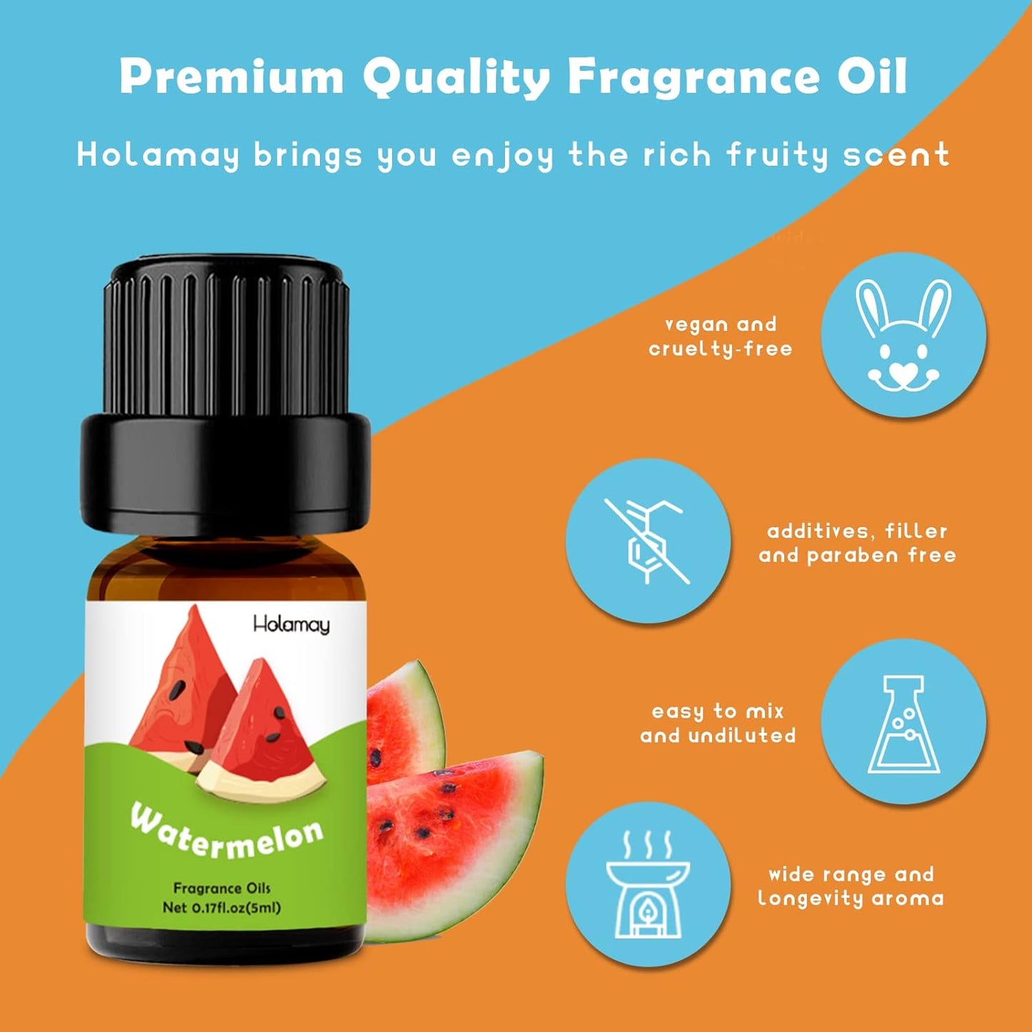 Fruity Fragrance Oil for Candle & Soap Making, Holamay Premium Fruit Essential Oils, 10 x 5ml - Coconut, Strawberry, Mango, Pineapple and More Diffuser Oil Scents, Summer Aromatherapy Oils Set