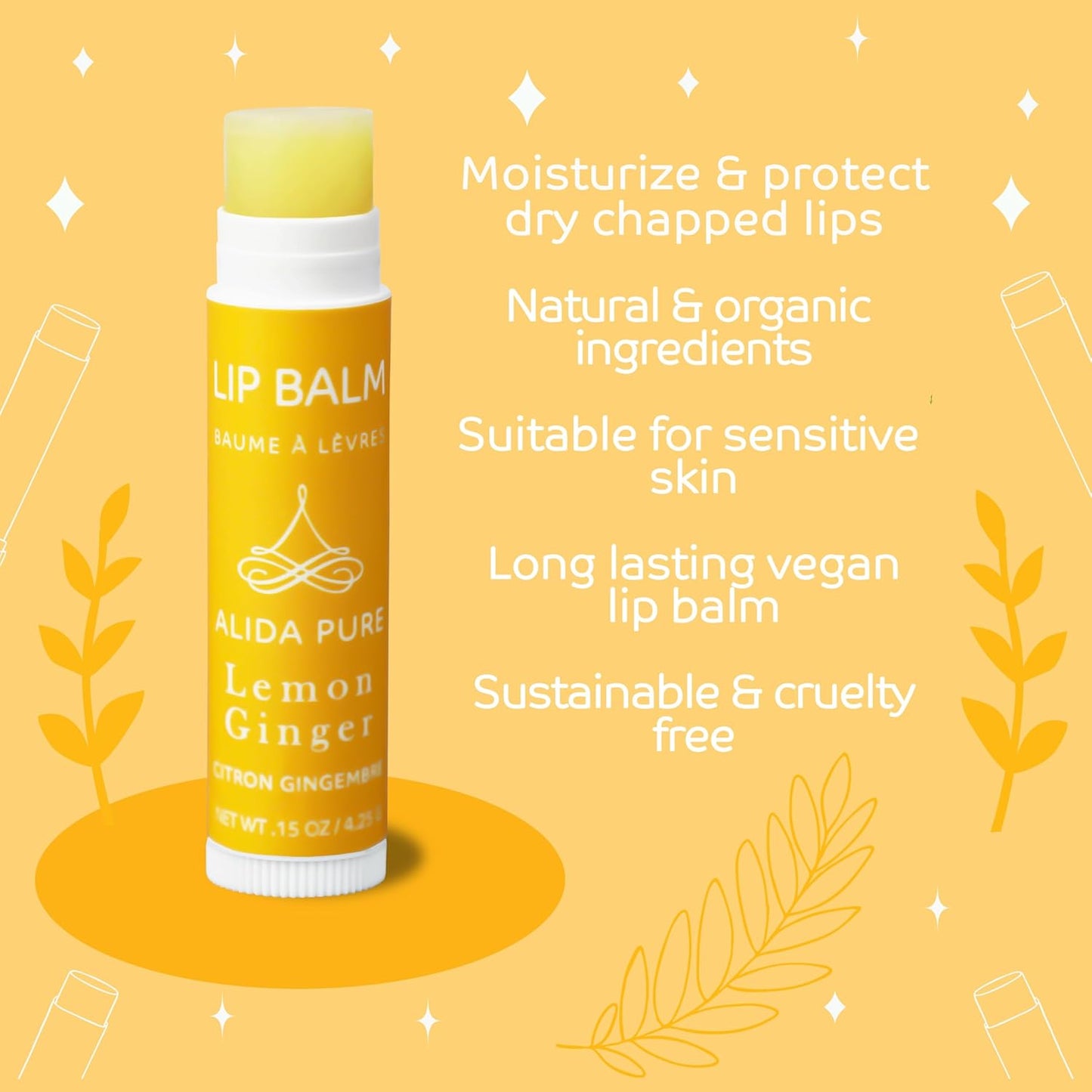 Lemon Ginger Lip Balm Collection, Vegan Set, Bees Wax Free, with Organic Jojoba and Avocado Oil, Vitamin E, Natural Moisturizer For Dry, Cracked, or Chapped Lips, 3 Tube Set