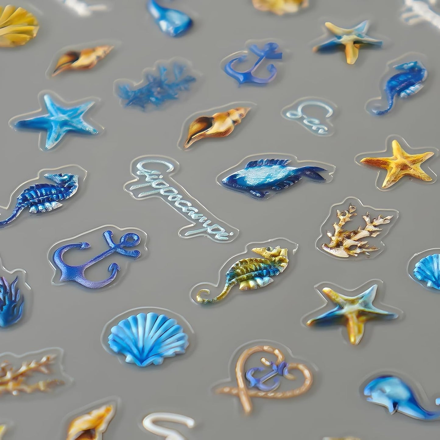 Summer Nail Art Stickers Decals 5D Embossed Self Adhesive Blue Seashell Starfish Nail Stickers Ocean Nail Decals for Nail Art Marine Life Nail Design Decoration Accessories for Women 2 Sheets