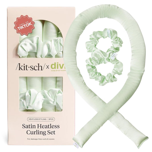 Divi x Kitsch Satin Heatless Hair Curler Set - Heatless Curls Overnight, Hair Rollers for Soft Curls & Frizz-Free Styling, No Heat Curlers To Sleep in, Curling Rod Headband for Overnight Curl- Sage