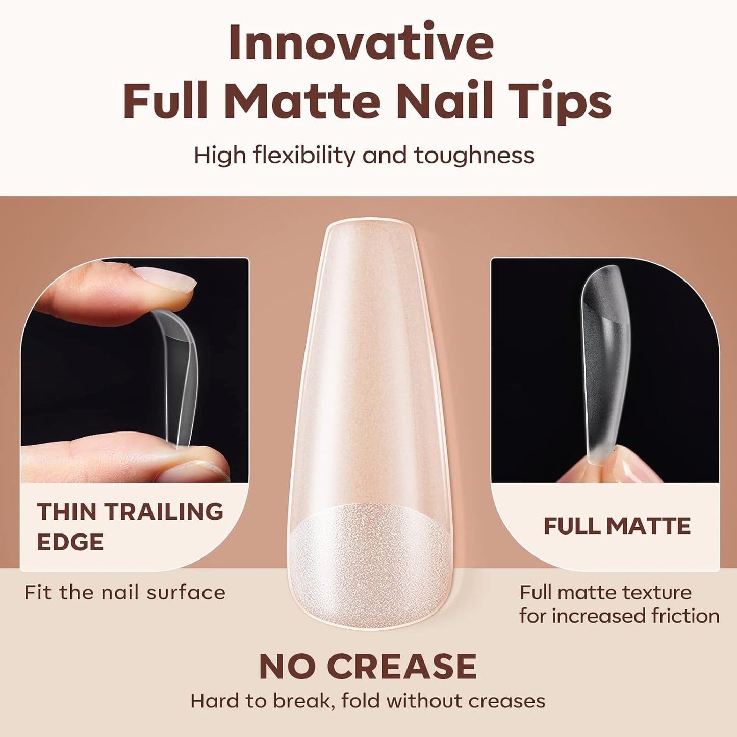Modelones Long Coffin Nail Tips Fake Nails Gel Tips Full Matte Cover More Friction for Acrylic Professional Extension Gel Manicure Art Design 10 Sizes