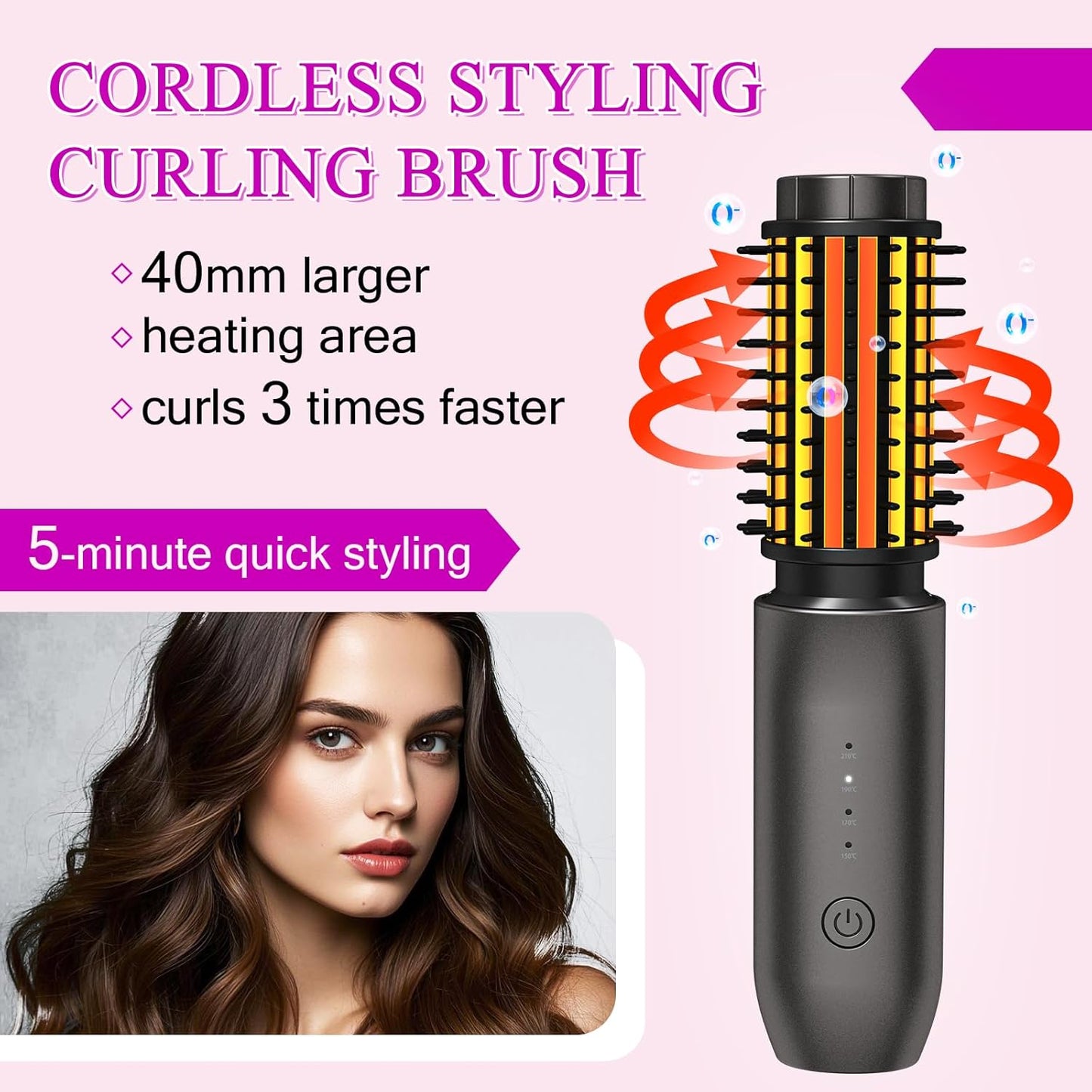 Mini Cordless Curling Iron Brush, Portable Hair Straightening Brush, Cordless Hair Curler Anti-Frizz with Negative Ions, 3-in-1 Crimper Hair Tool, Rechargeable Wave Curling Wand - Night Purple