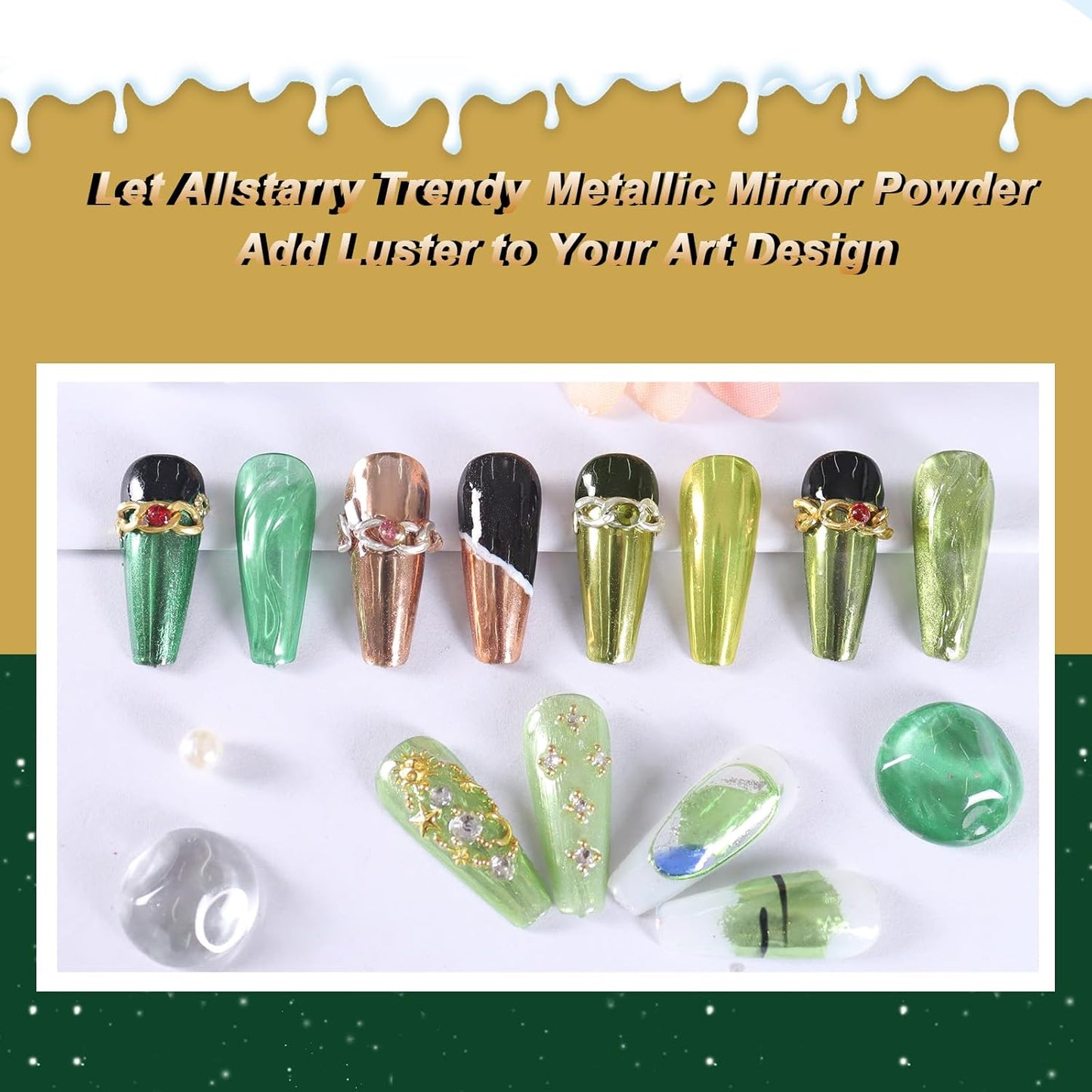 Allstarry Green Chrome Nail Powder, 4 Colors Mirror Effect Metallic Pigment Manicure Holographic Glitter Dust Kit for Gel Polish St Patricks Day Nail Art St Patty's Day Accessories - Forest Afterglow