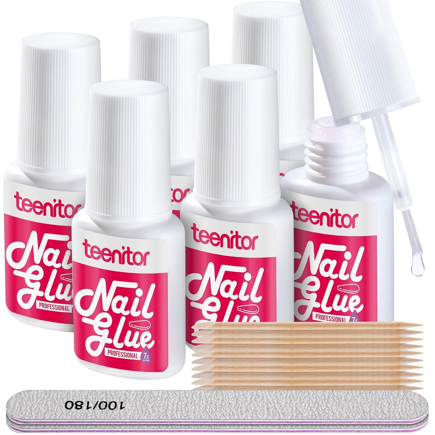 Teenitor Strong Nail Glue, 42ml Professional for Press Ons, Brush-On for Acrylic Nails, Bond With File, Long Lasting, 10 Pcs